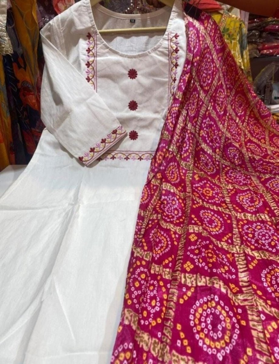 Cotton White Salwar Kameej Suit , Designer indian suit With bandhani duppatta - 001FASHIONFORWARD