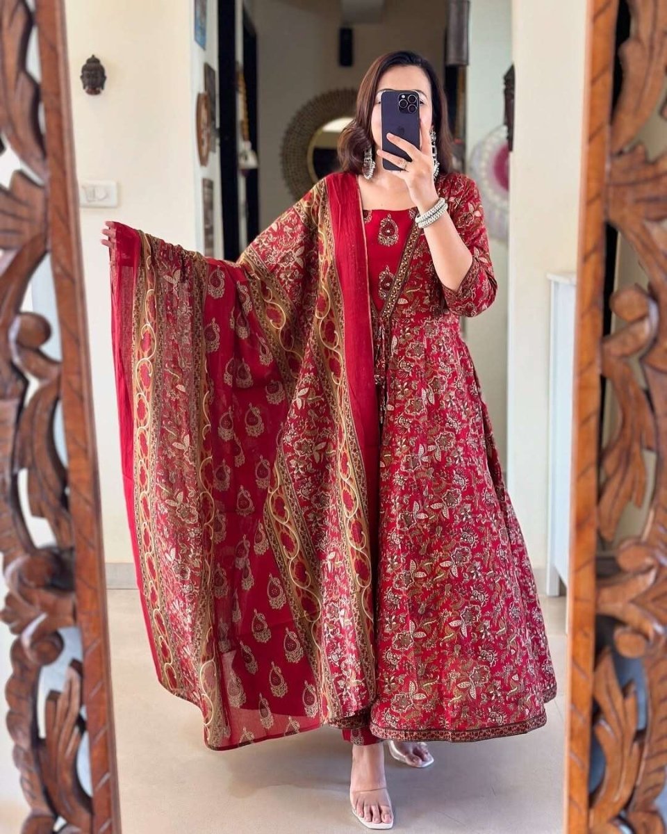Cotton Women Anarkali Kurta Gown Pant Set Designer Salwar Kameez Readymade Suit - 001FASHIONFORWARD