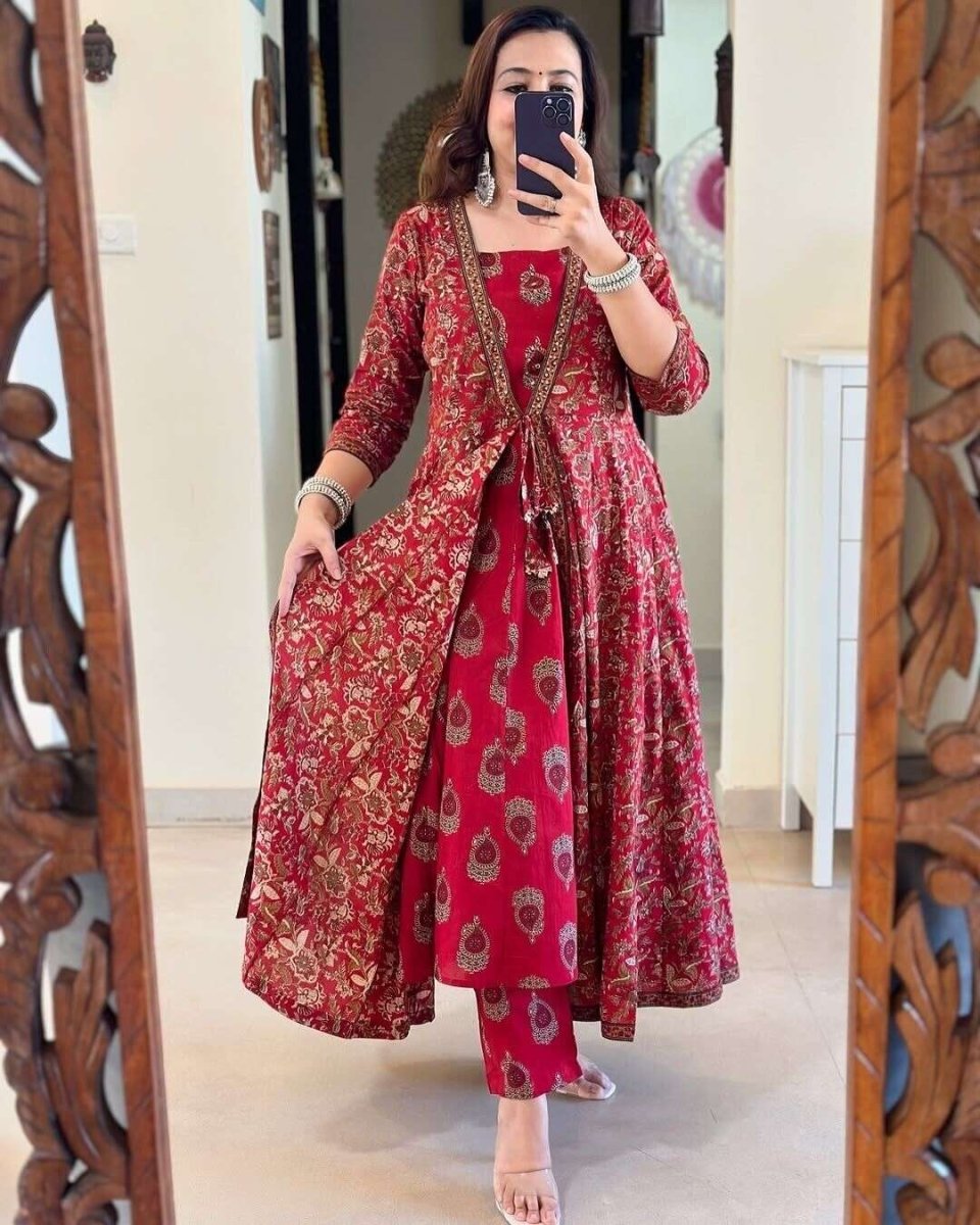Cotton Women Anarkali Kurta Gown Pant Set Designer Salwar Kameez Readymade Suit - 001FASHIONFORWARD