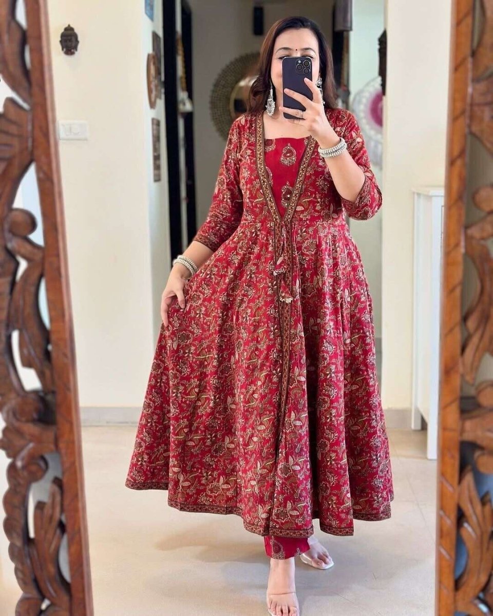 Cotton Women Anarkali Kurta Gown Pant Set Designer Salwar Kameez Readymade Suit - 001FASHIONFORWARD