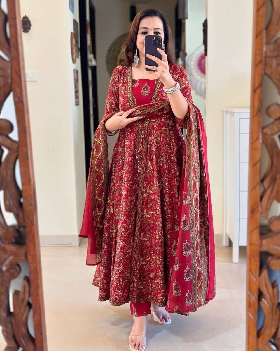 Cotton Women Anarkali Kurta Gown Pant Set Designer Salwar Kameez Readymade Suit - 001FASHIONFORWARD