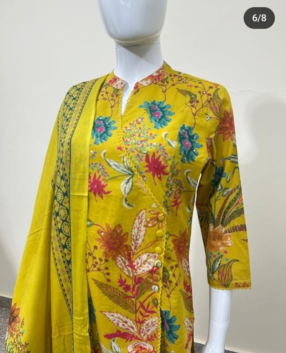 Cotton Yellow Color Floral Salwar Kameej Suit , Wedding party wear Kurti pant 3 - 001FASHIONFORWARD