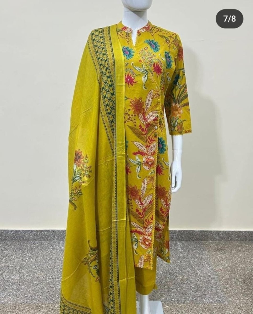 Cotton Yellow Color Floral Salwar Kameej Suit , Wedding party wear Kurti pant 3 - 001FASHIONFORWARD