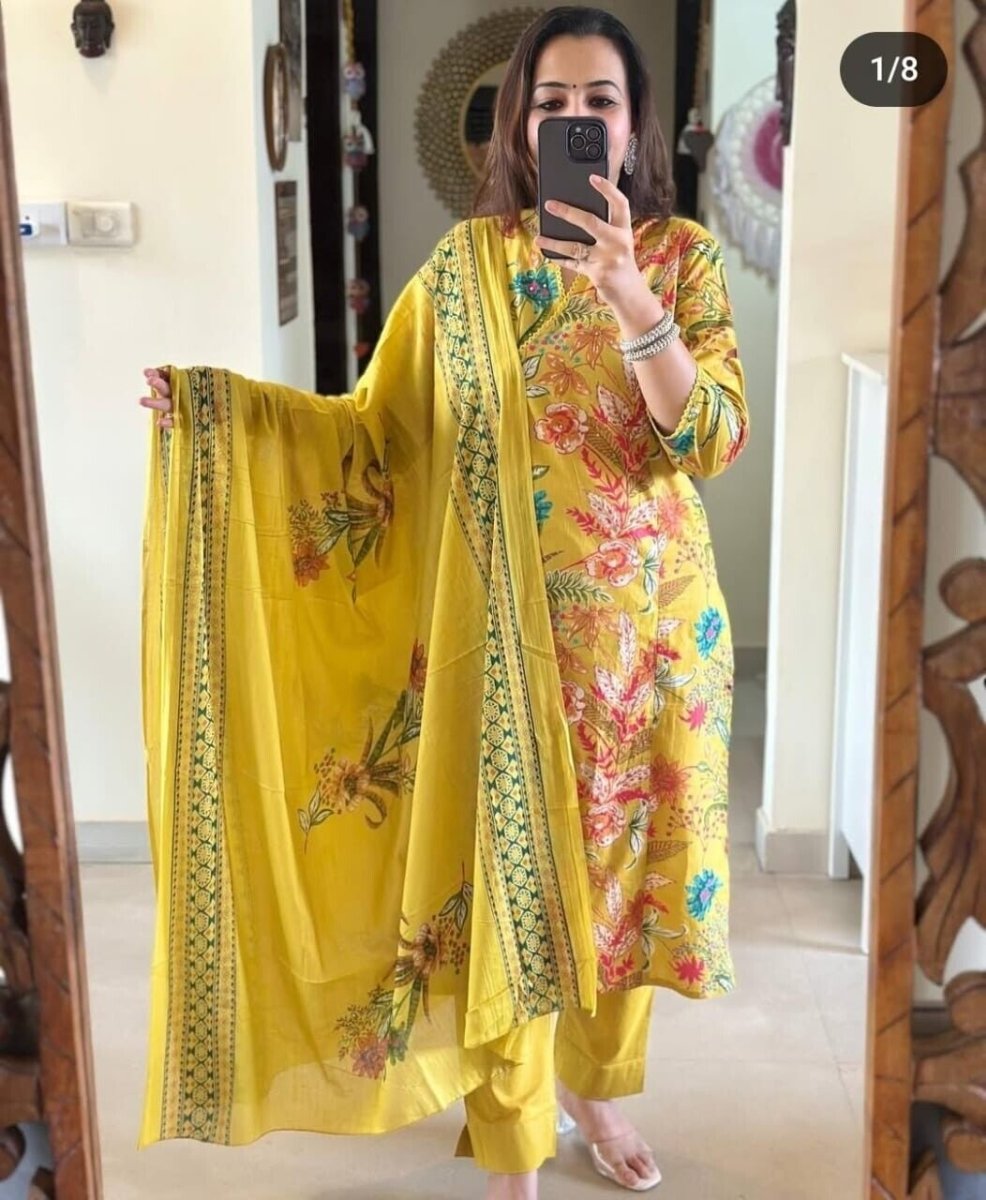 Cotton Yellow Color Floral Salwar Kameej Suit , Wedding party wear Kurti pant 3 - 001FASHIONFORWARD