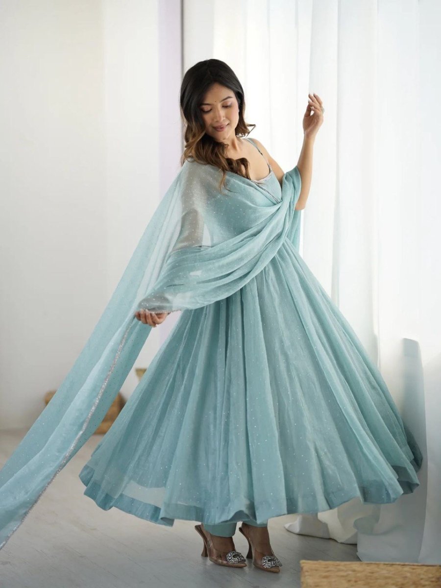 Crunch Silk Flared Anarkali Gown With Hot Fix Embellishment All Over - 001FASHIONFORWARD
