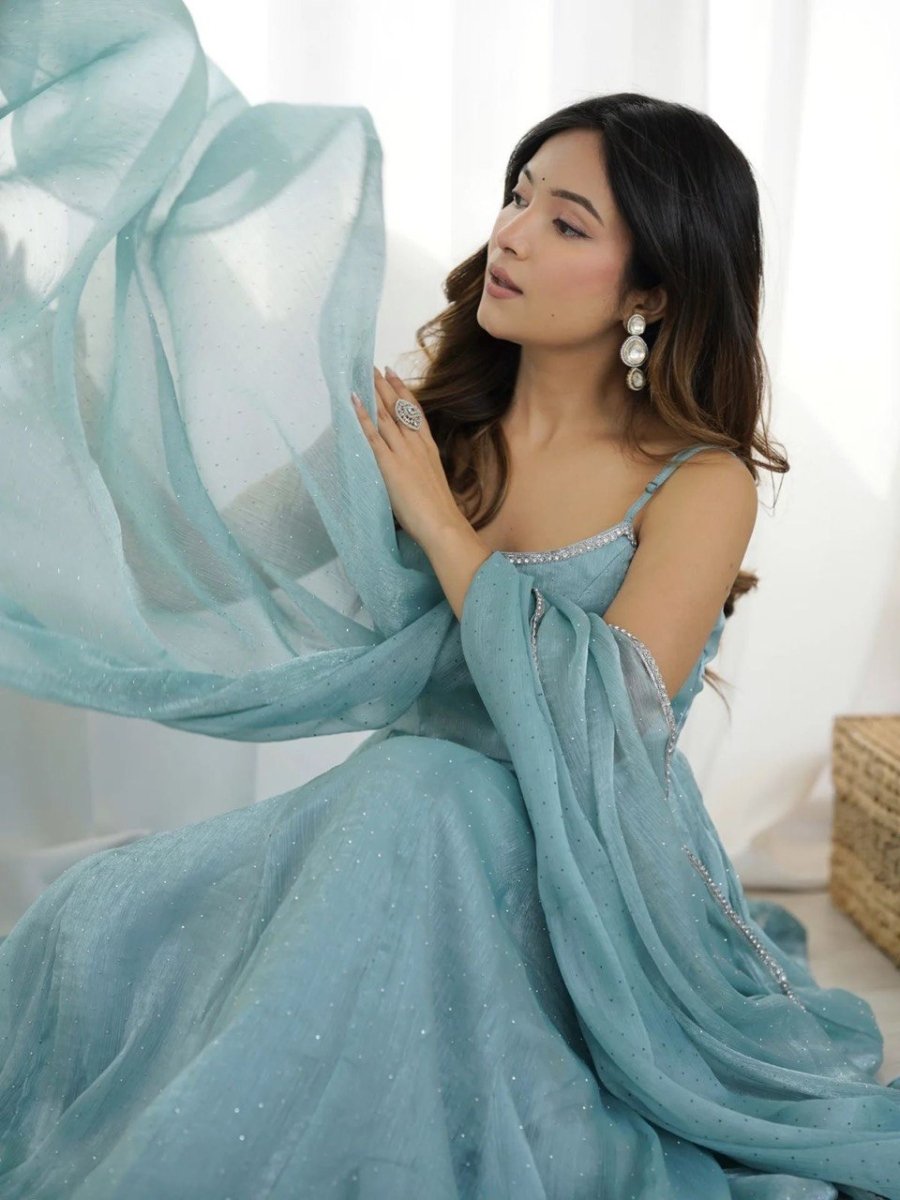 Crunch Silk Flared Anarkali Gown With Hot Fix Embellishment All Over - 001FASHIONFORWARD