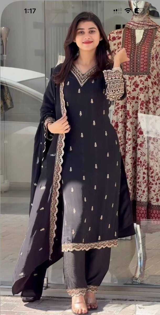 Designer Black Chinnon Silk Salwar Kameez – Embroidered Suit for parties - 001FASHIONFORWARD