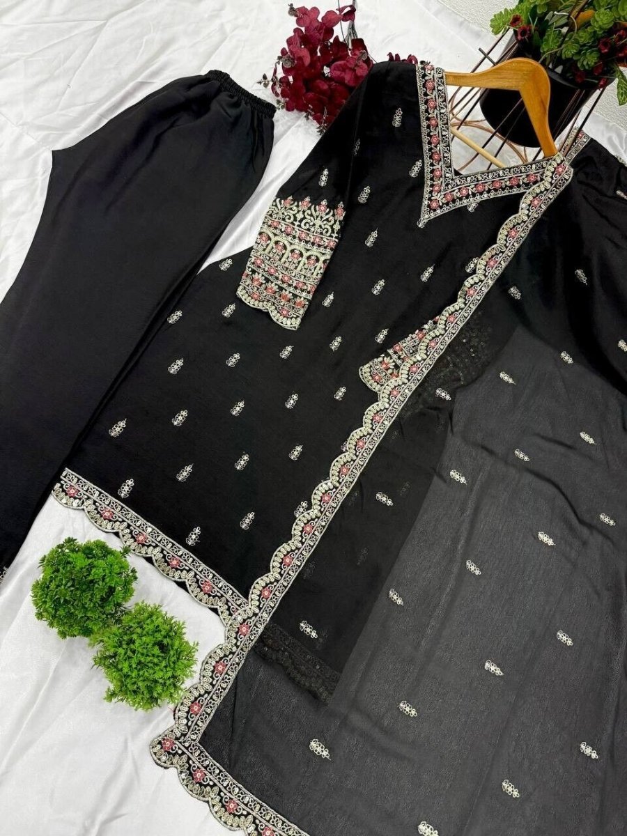 Designer Black Chinnon Silk Salwar Kameez – Embroidered Suit for parties - 001FASHIONFORWARD