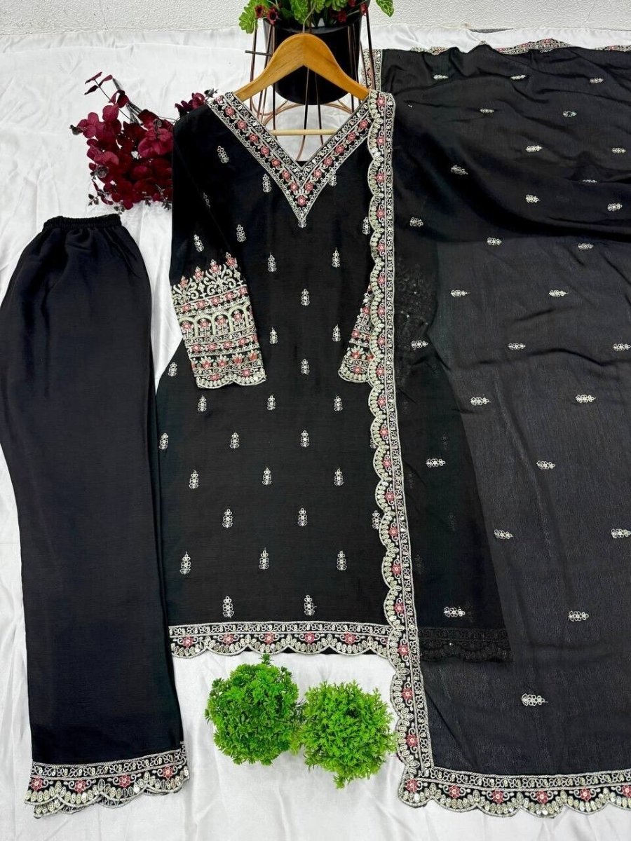 Designer Black Chinnon Silk Salwar Kameez – Embroidered Suit for parties - 001FASHIONFORWARD
