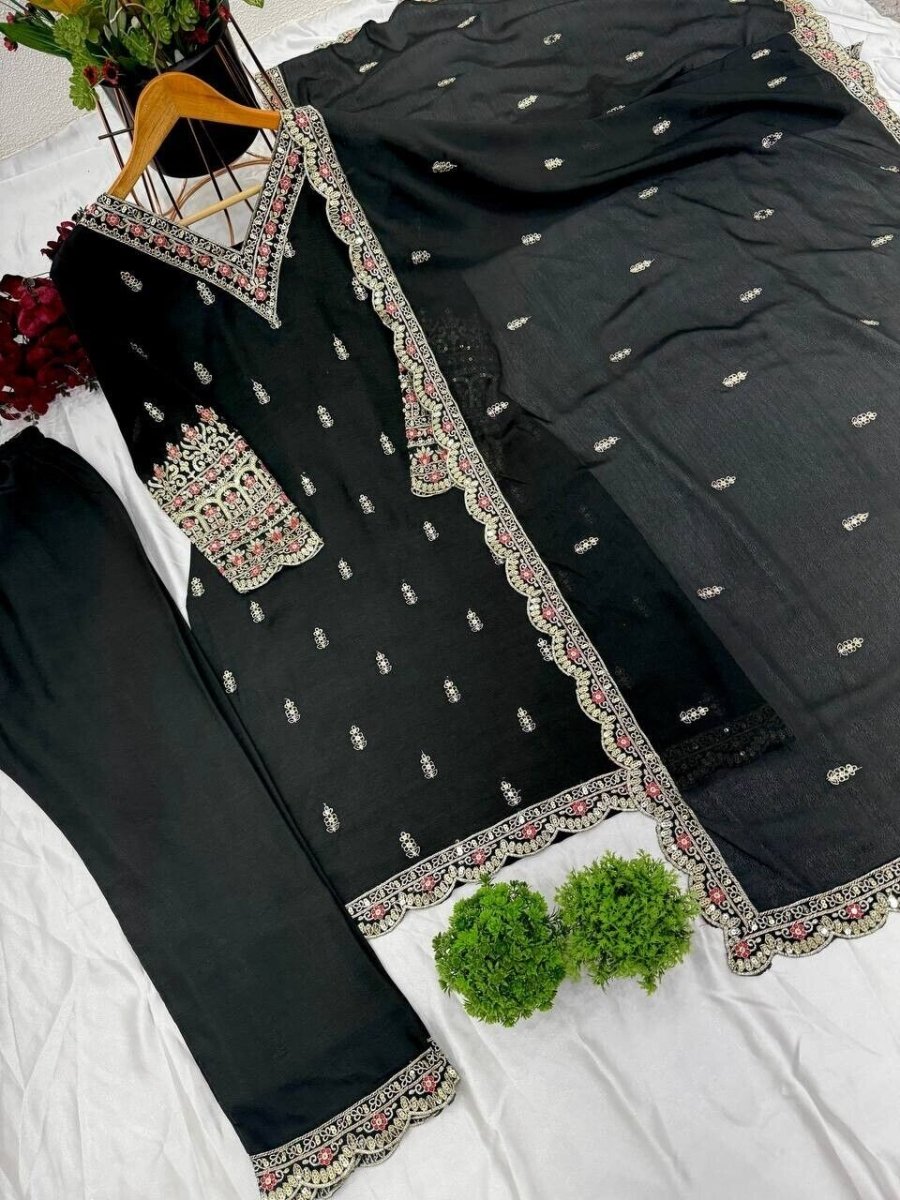 Designer Black Chinnon Silk Salwar Kameez – Embroidered Suit for parties - 001FASHIONFORWARD