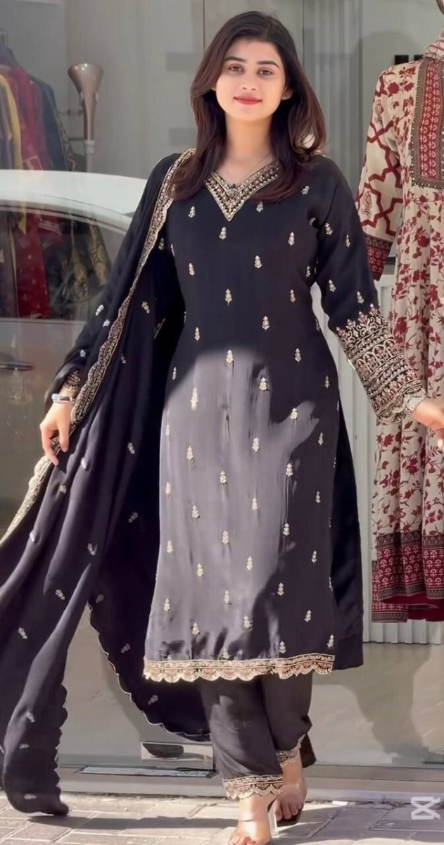 Designer Black Chinnon Silk Salwar Kameez – Embroidered Suit for parties - 001FASHIONFORWARD