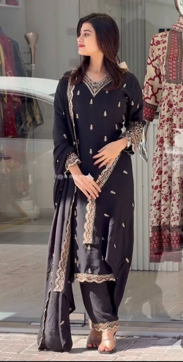 Designer Black Chinnon Silk Salwar Kameez – Embroidered Suit for parties - 001FASHIONFORWARD