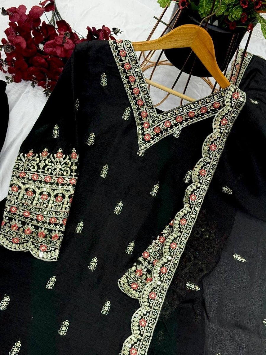 Designer Black Chinnon Silk Salwar Kameez – Embroidered Suit for parties - 001FASHIONFORWARD