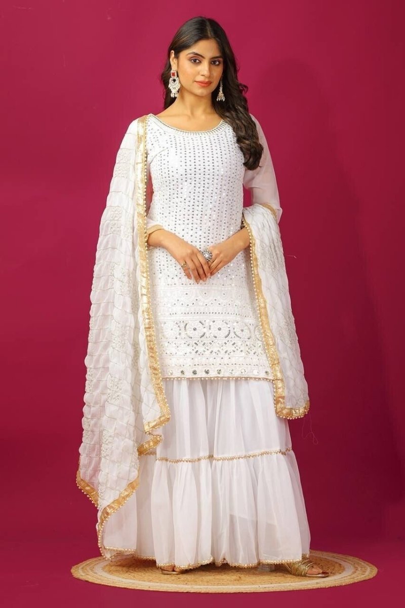 Designer Black Faux Georgette Suit with Sharara Readymade Embroidred - 001FASHIONFORWARD
