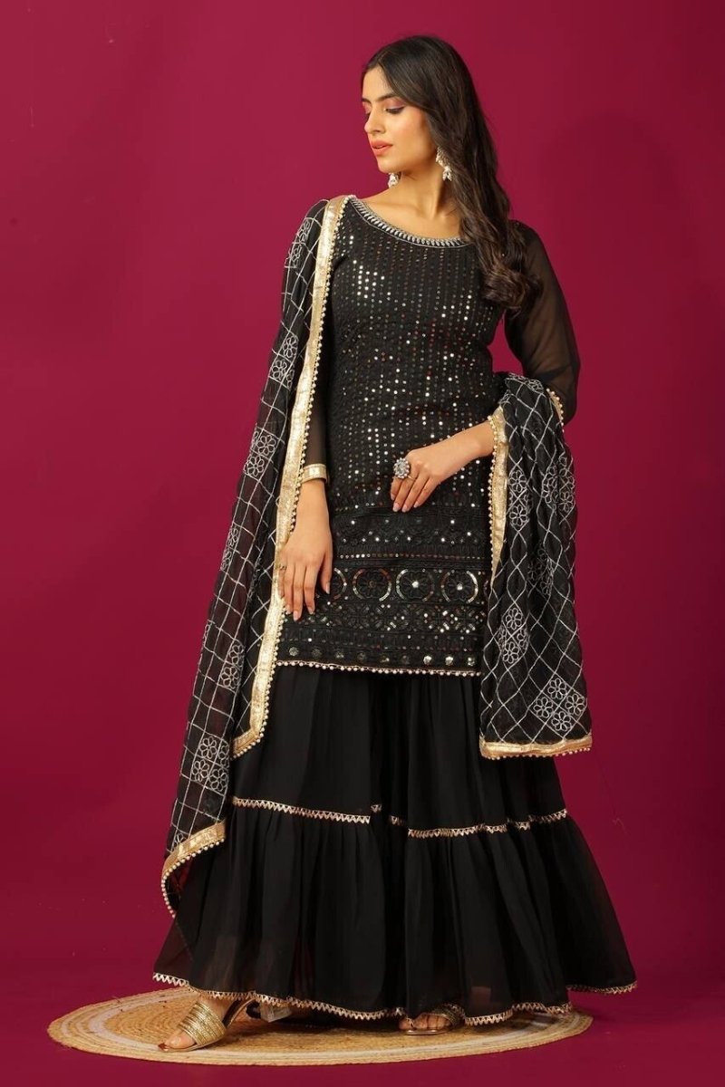 Designer Black Faux Georgette Suit with Sharara Readymade Embroidred - 001FASHIONFORWARD