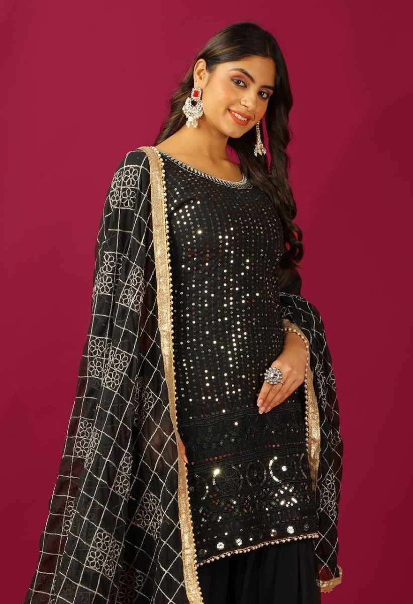Designer Black Faux Georgette Suit with Sharara Readymade Embroidred - 001FASHIONFORWARD