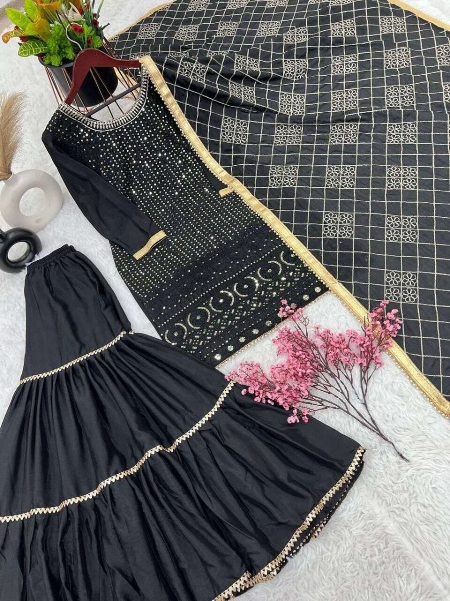 Designer Black Faux Georgette Suit with Sharara Readymade Embroidred - 001FASHIONFORWARD