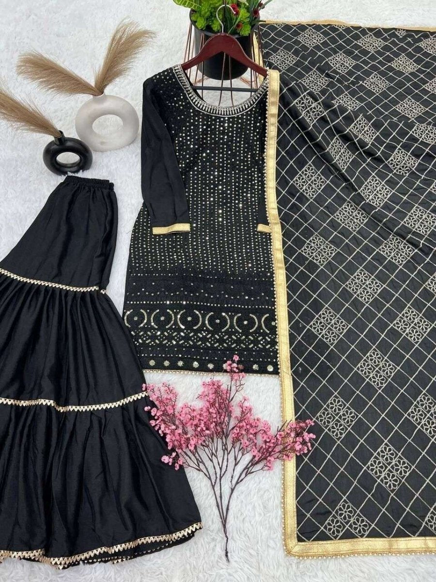 Designer Black Faux Georgette Suit with Sharara Readymade Embroidred - 001FASHIONFORWARD