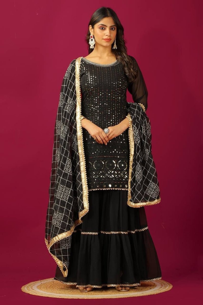 Designer Black Faux Georgette Suit with Sharara Readymade Embroidred - 001FASHIONFORWARD