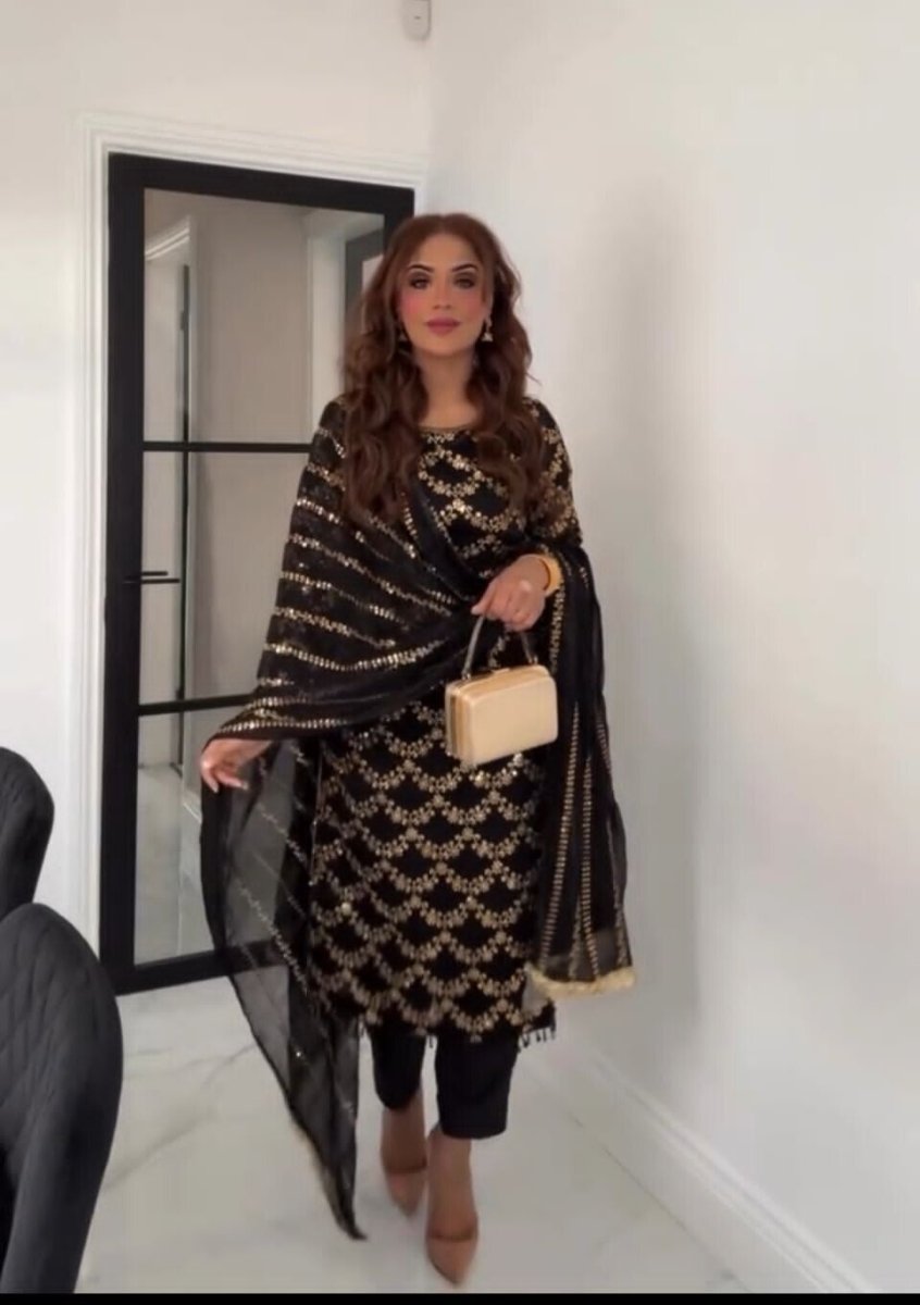 Designer Black Georgette Salwar Kameez Ready - to - Wear Embroidered Suit - 001FASHIONFORWARD