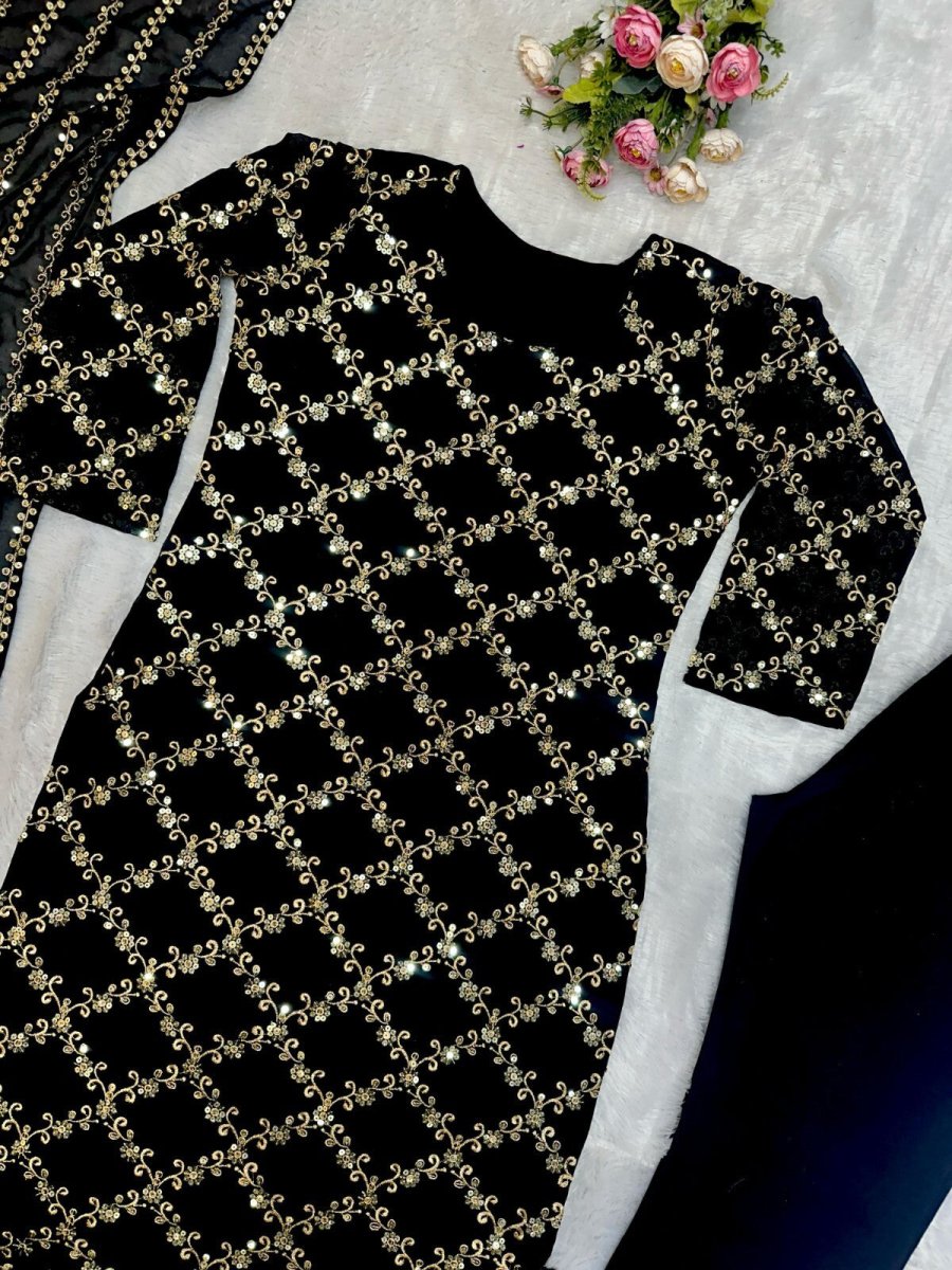 Designer Black Georgette Salwar Kameez Ready - to - Wear Embroidered Suit - 001FASHIONFORWARD