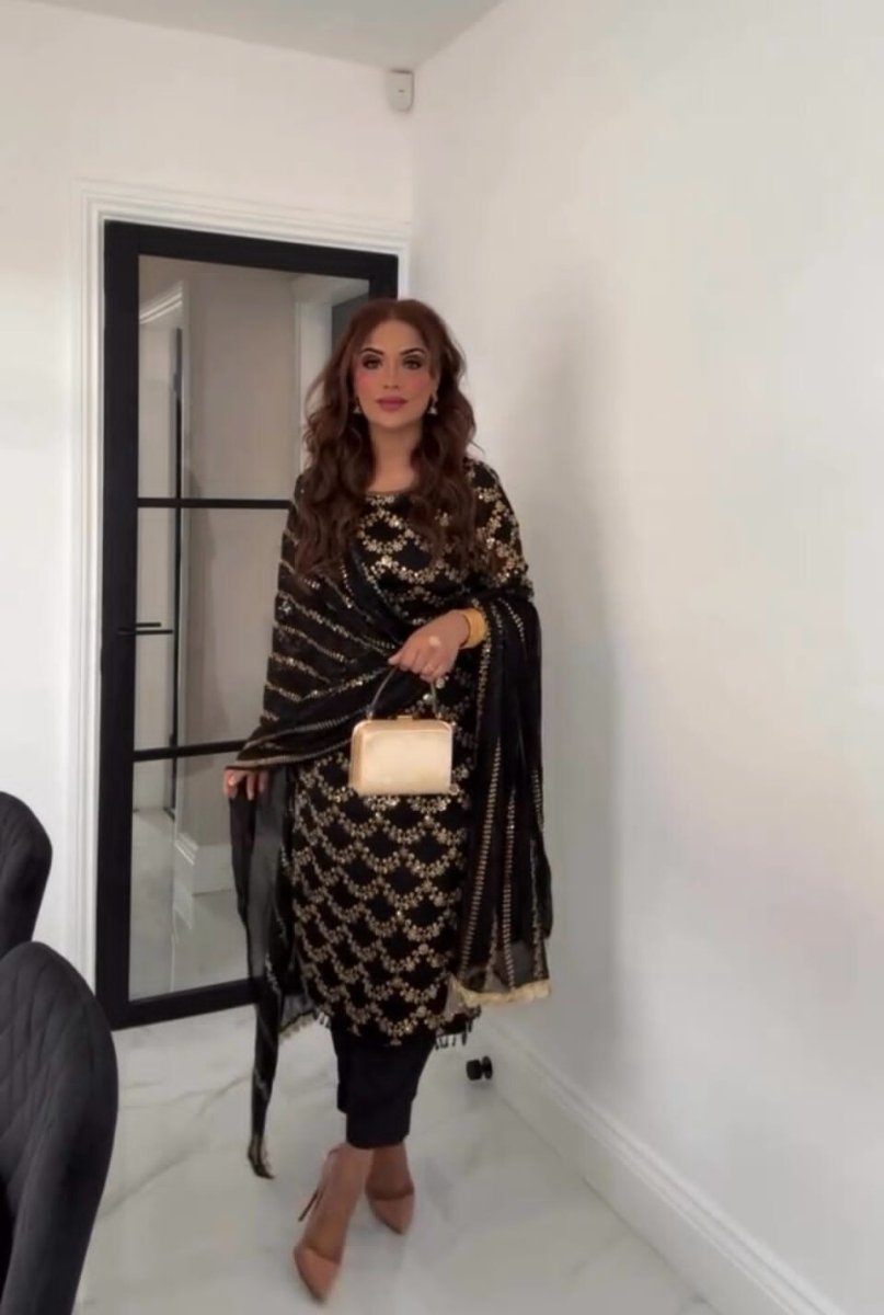 Designer Black Georgette Salwar Kameez Ready - to - Wear Embroidered Suit - 001FASHIONFORWARD