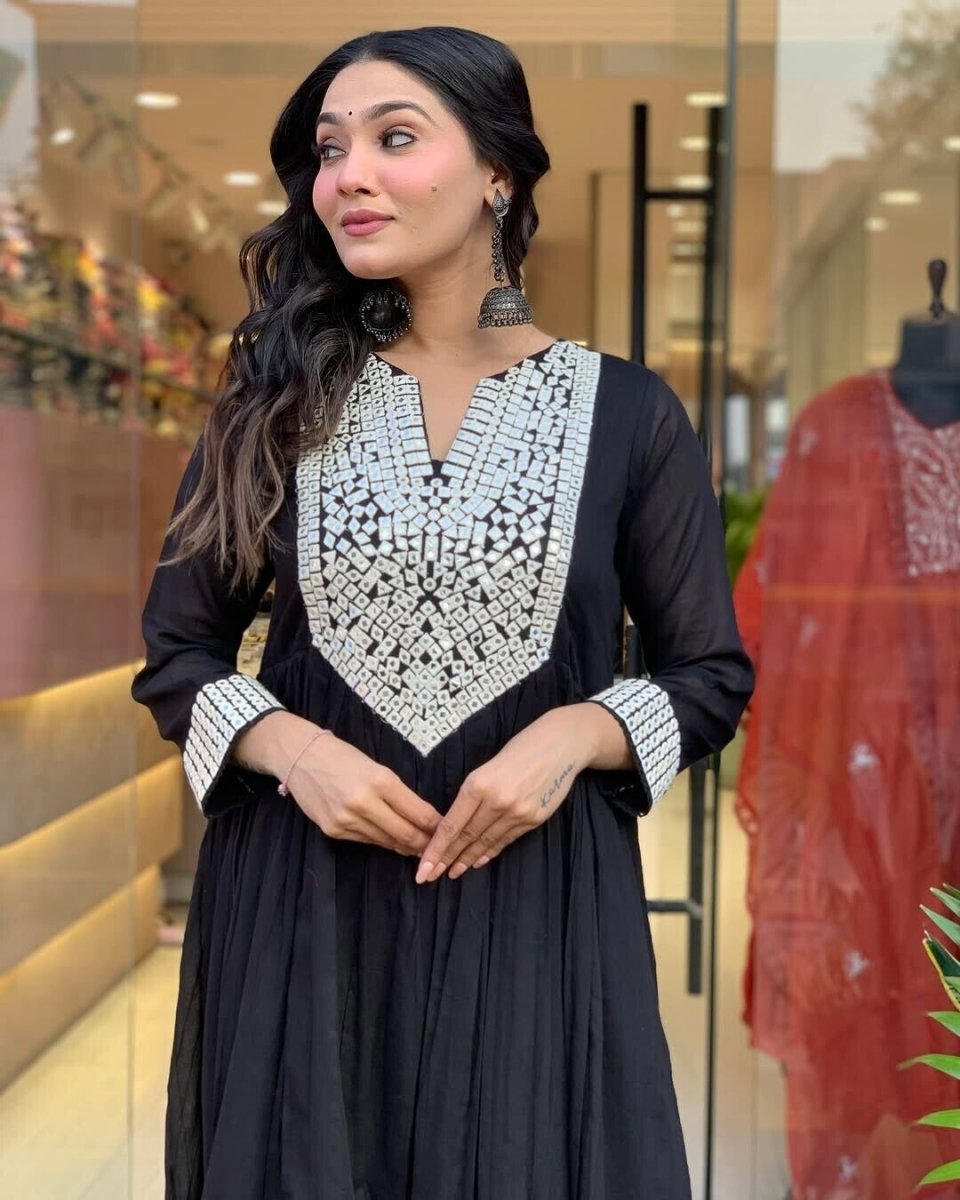 Designer embroidered A - line suit Set long suit salwar Indian Fabric Cotton 60 - 001FASHIONFORWARD
