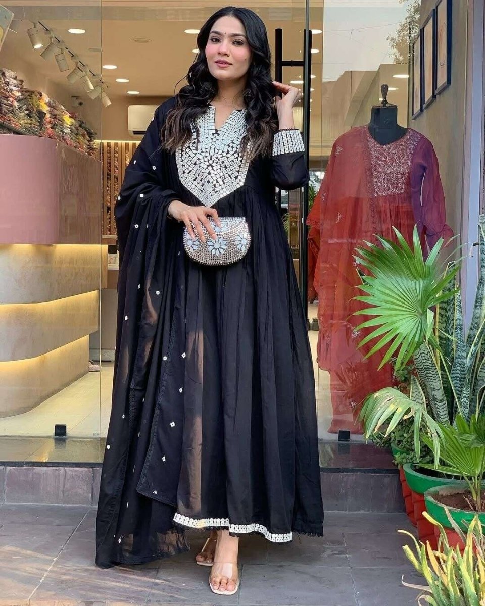 Designer embroidered A - line suit Set long suit salwar Indian Fabric Cotton 60 - 001FASHIONFORWARD