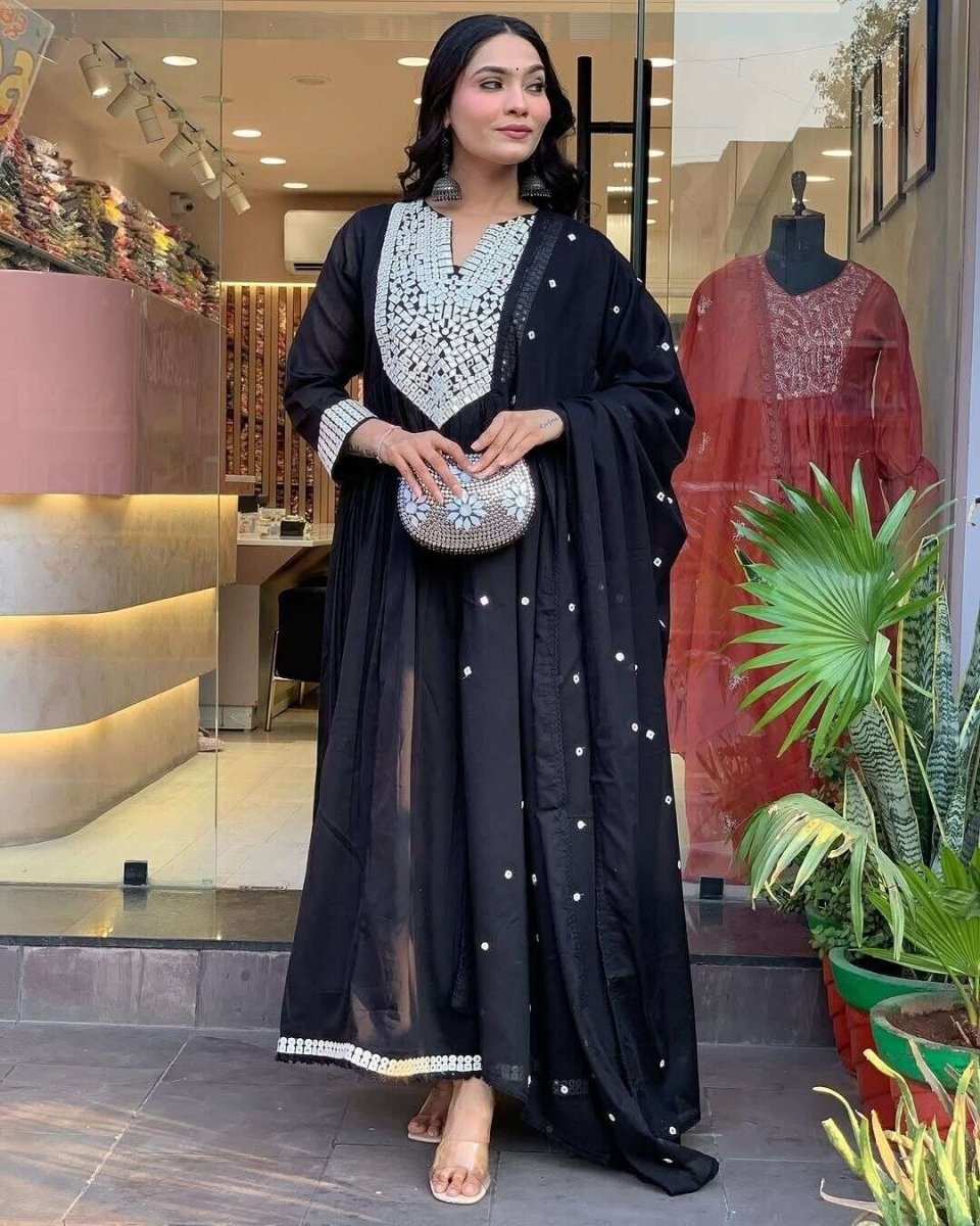 Designer embroidered A - line suit Set long suit salwar Indian Fabric Cotton 60 - 001FASHIONFORWARD