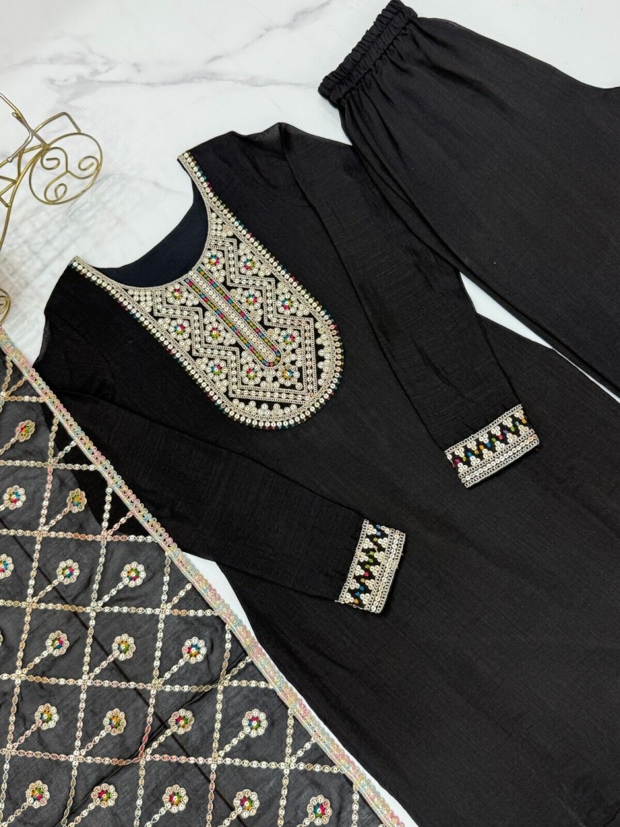 Designer Embroidered Vichitra Silk Salwar Kameez Set – Party & Wedding Wear - 001FASHIONFORWARD