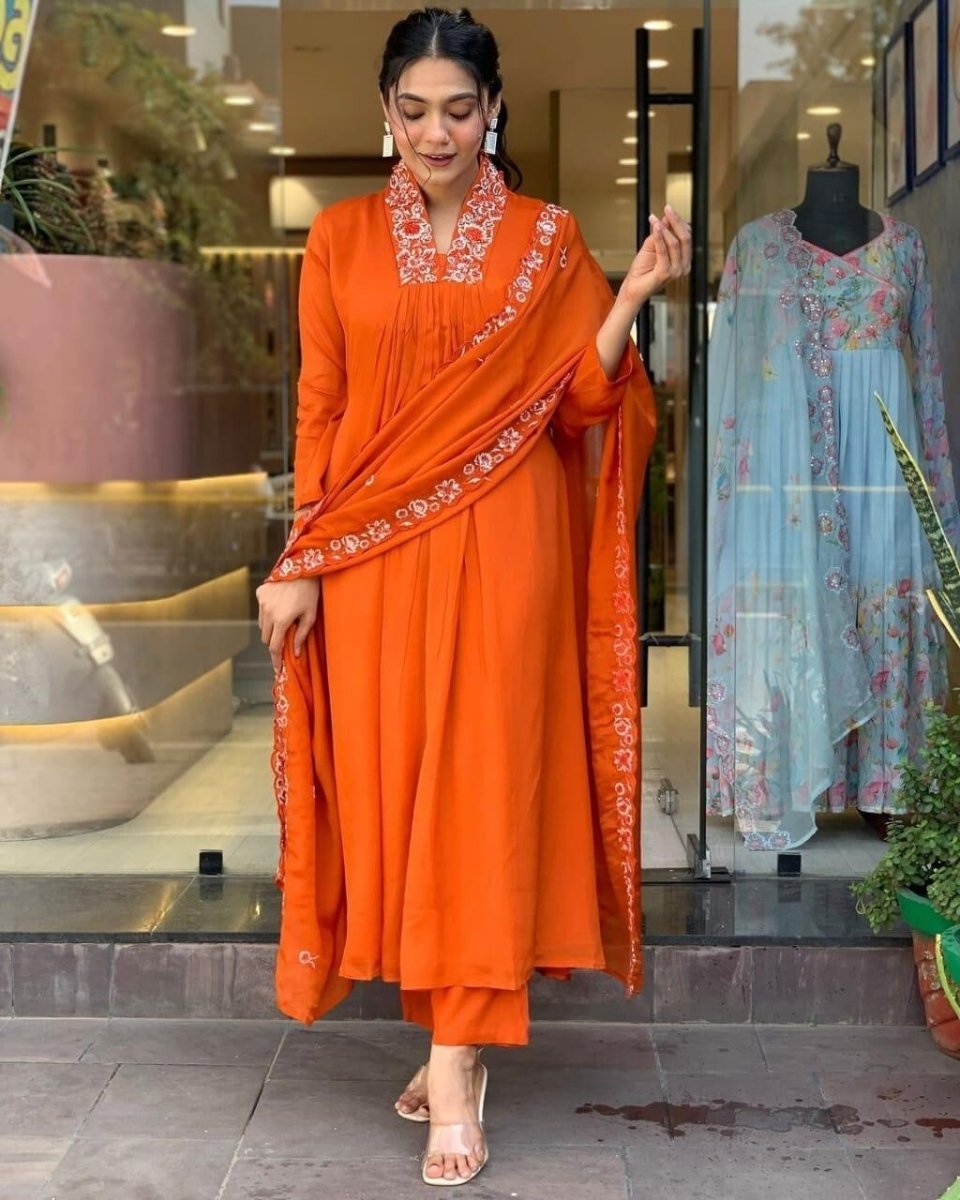 Designer Flared women anarkali Gown Set 3 PC long suit Indian Fabric Cotton 60 - 001FASHIONFORWARD