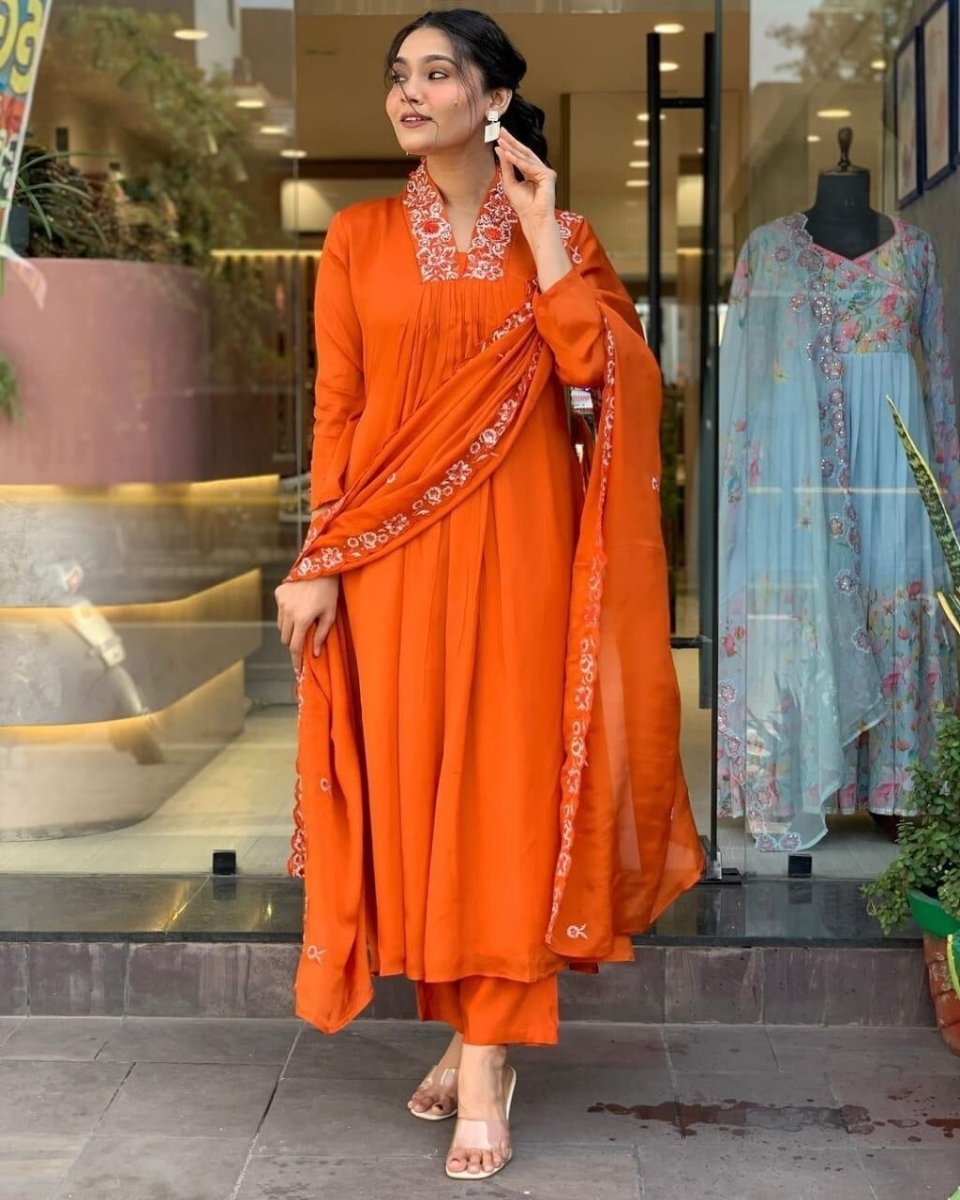 Designer Flared women anarkali Gown Set 3 PC long suit Indian Fabric Cotton 60 - 001FASHIONFORWARD