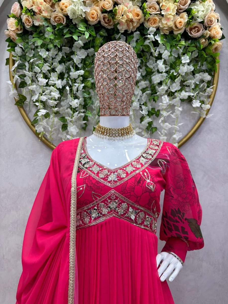 Designer Floral Faux Georgette Anarkali gown Flared Sleeves Ready - to - Wear - 001FASHIONFORWARD
