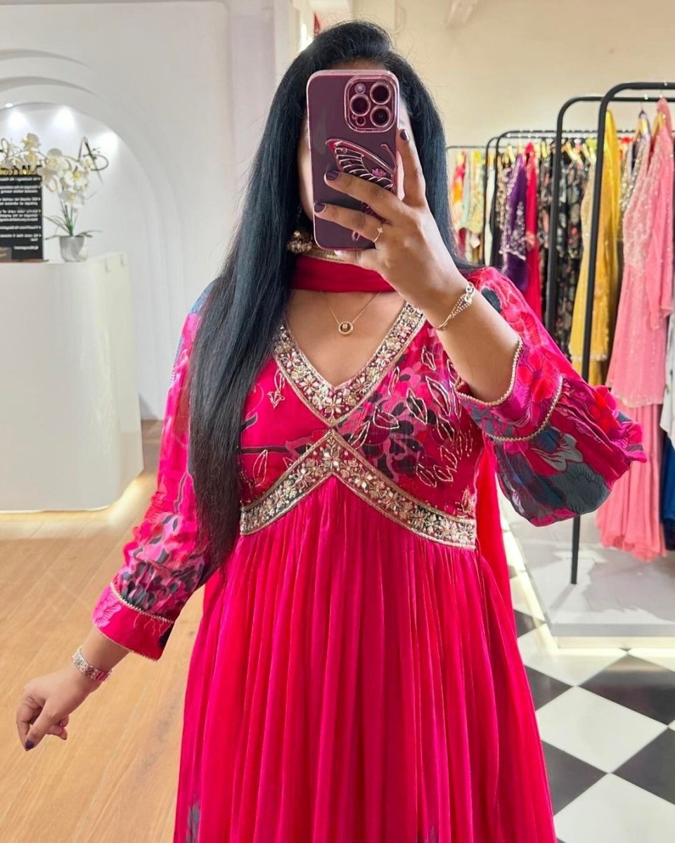 Designer Floral Faux Georgette Anarkali gown Flared Sleeves Ready - to - Wear - 001FASHIONFORWARD
