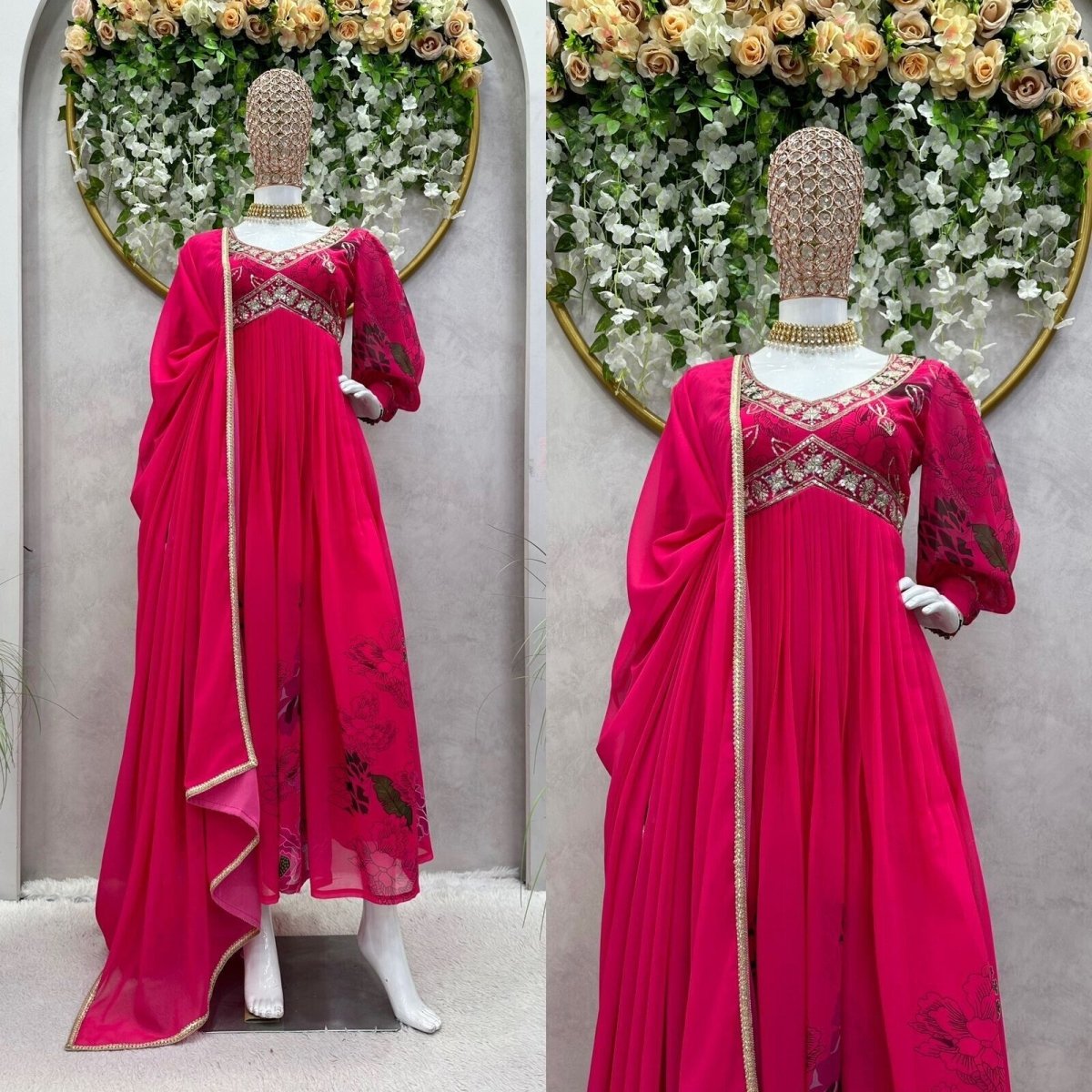 Designer Floral Faux Georgette Anarkali gown Flared Sleeves Ready - to - Wear - 001FASHIONFORWARD