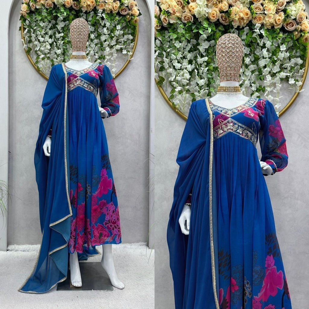 Designer Floral Faux Georgette Anarkali gown Flared Sleeves Ready - to - Wear - 001FASHIONFORWARD