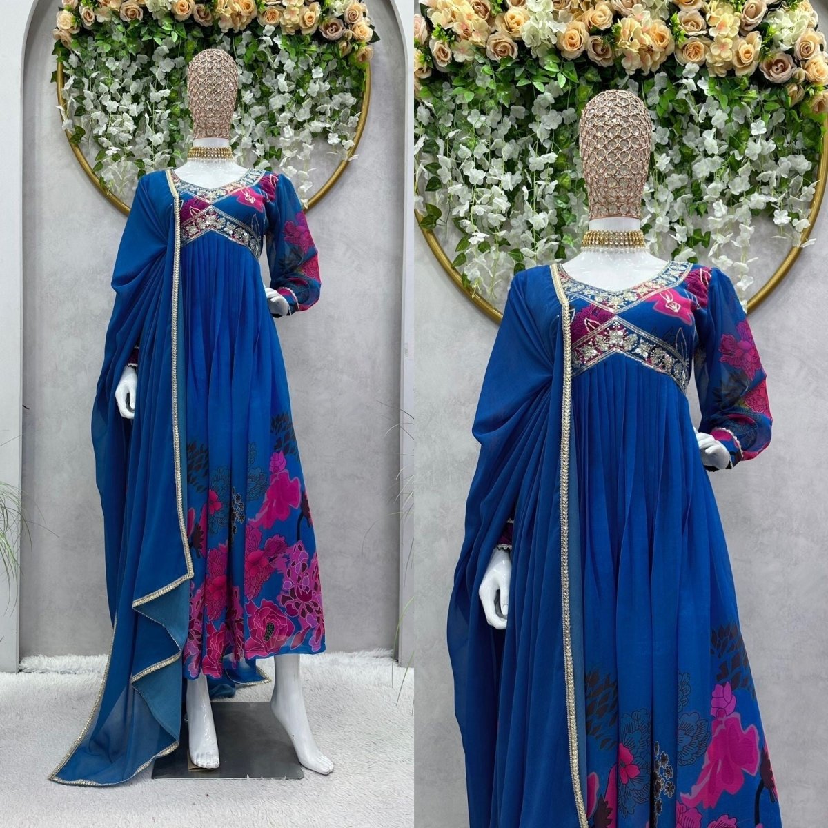 Designer Floral Faux Georgette Anarkali gown Flared Sleeves Ready - to - Wear - 001FASHIONFORWARD