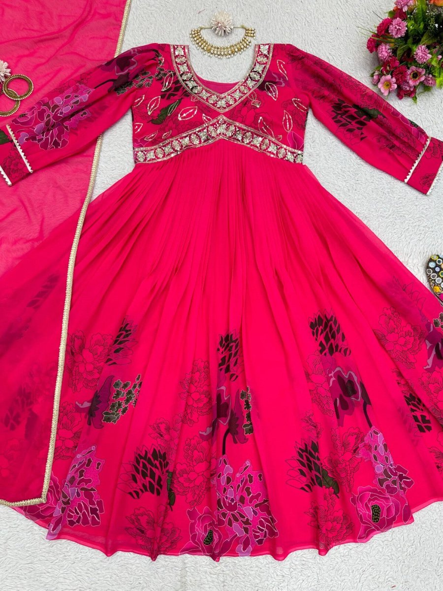 Designer Floral Faux Georgette Anarkali gown Flared Sleeves Ready - to - Wear - 001FASHIONFORWARD