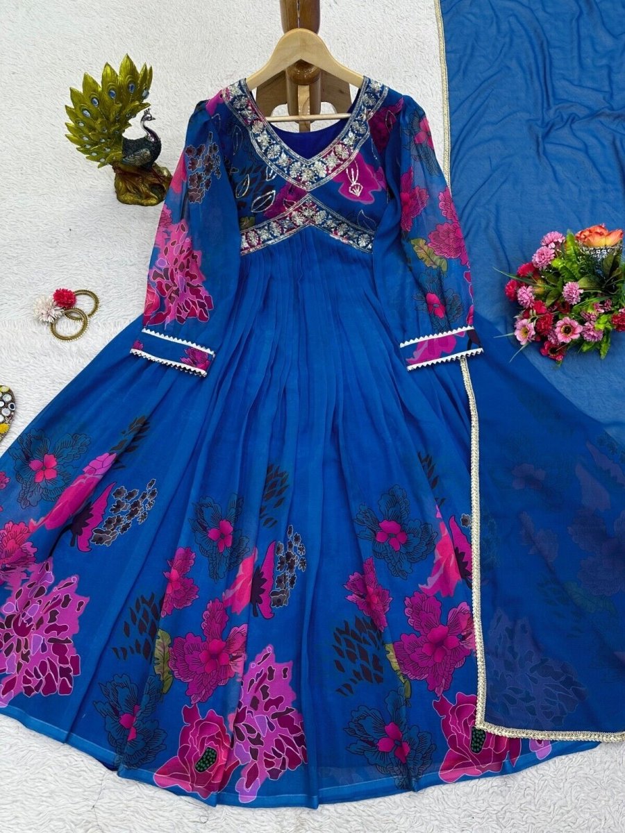 Designer Floral Faux Georgette Anarkali gown Flared Sleeves Ready - to - Wear - 001FASHIONFORWARD