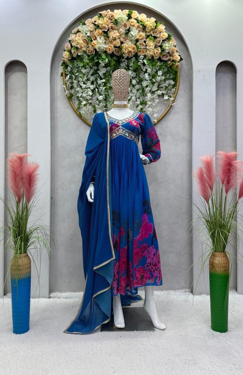 Designer Floral Faux Georgette Anarkali gown Flared Sleeves Ready - to - Wear - 001FASHIONFORWARD