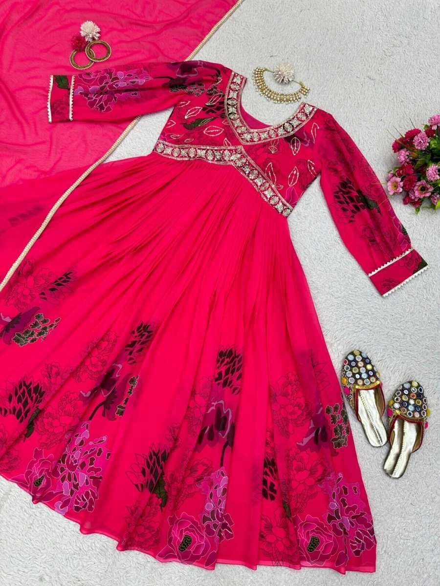 Designer Floral Faux Georgette Anarkali gown Flared Sleeves Ready - to - Wear - 001FASHIONFORWARD