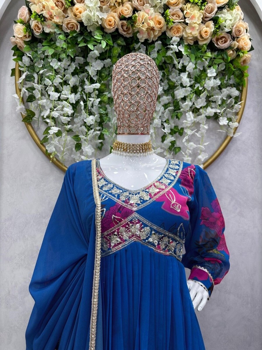 Designer Floral Faux Georgette Anarkali gown Flared Sleeves Ready - to - Wear - 001FASHIONFORWARD