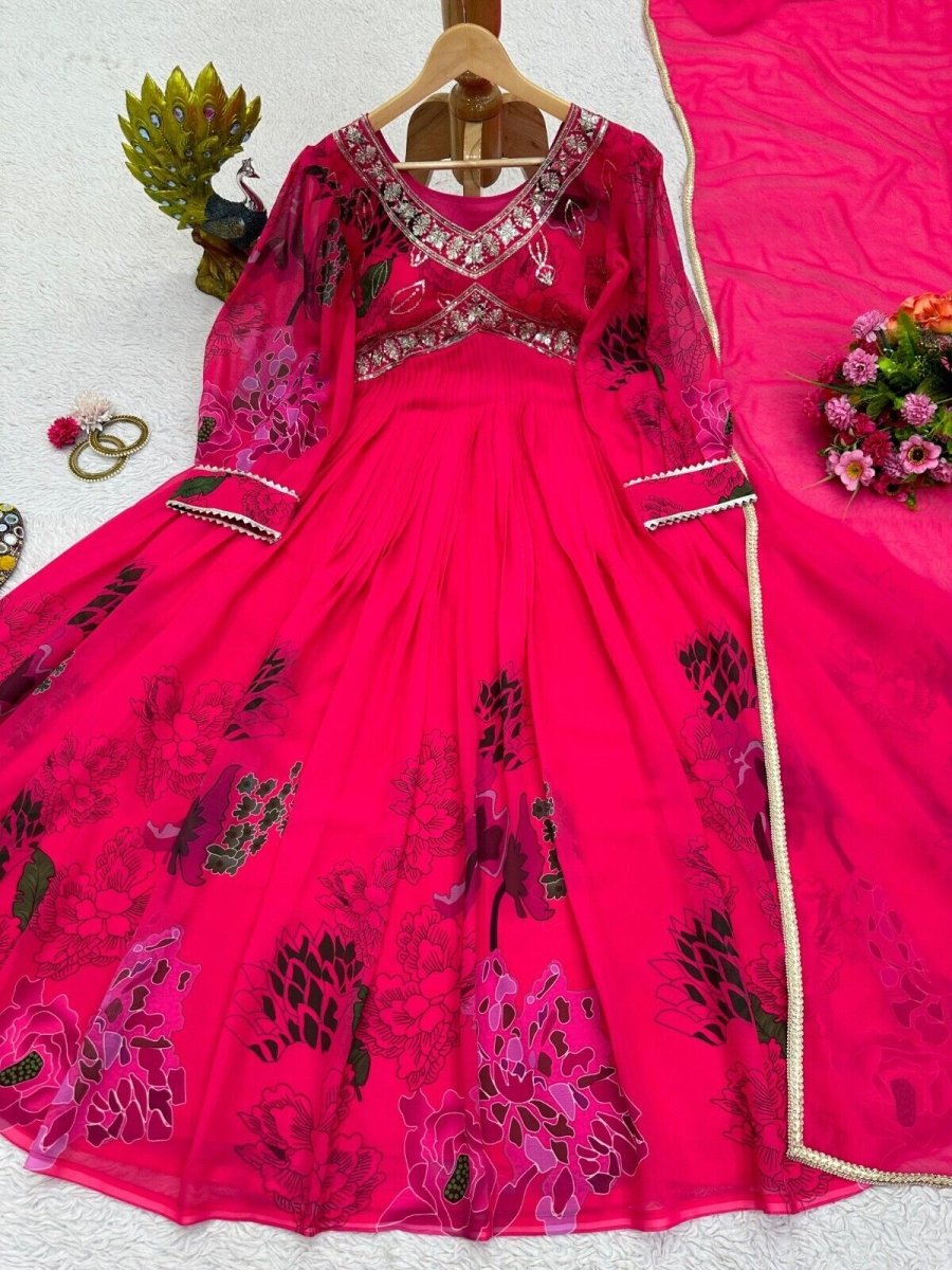 Designer Floral Faux Georgette Anarkali gown Flared Sleeves Ready - to - Wear - 001FASHIONFORWARD