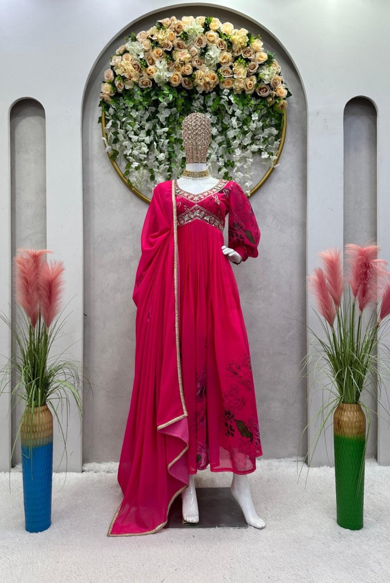 Designer Floral Faux Georgette Anarkali gown Flared Sleeves Ready - to - Wear - 001FASHIONFORWARD