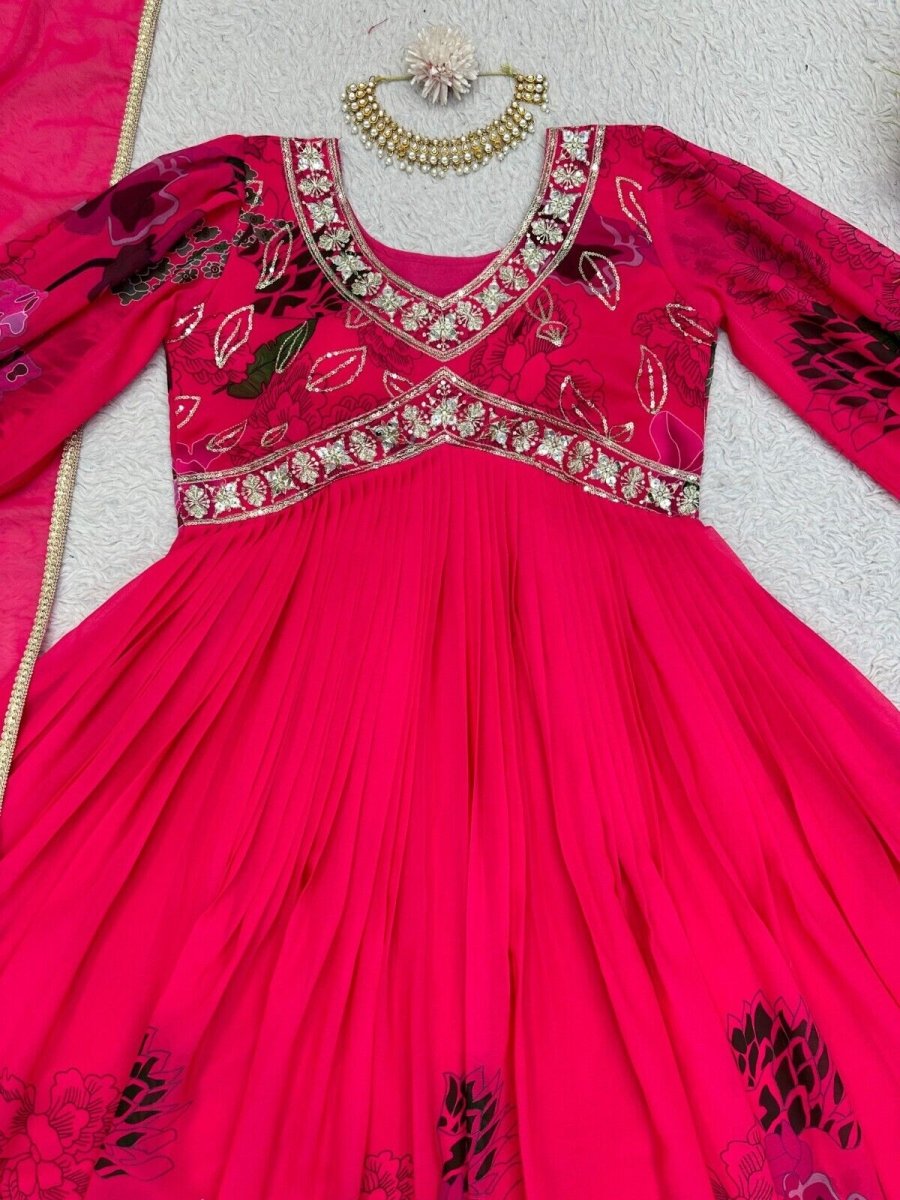 Designer Floral Faux Georgette Anarkali gown Flared Sleeves Ready - to - Wear - 001FASHIONFORWARD