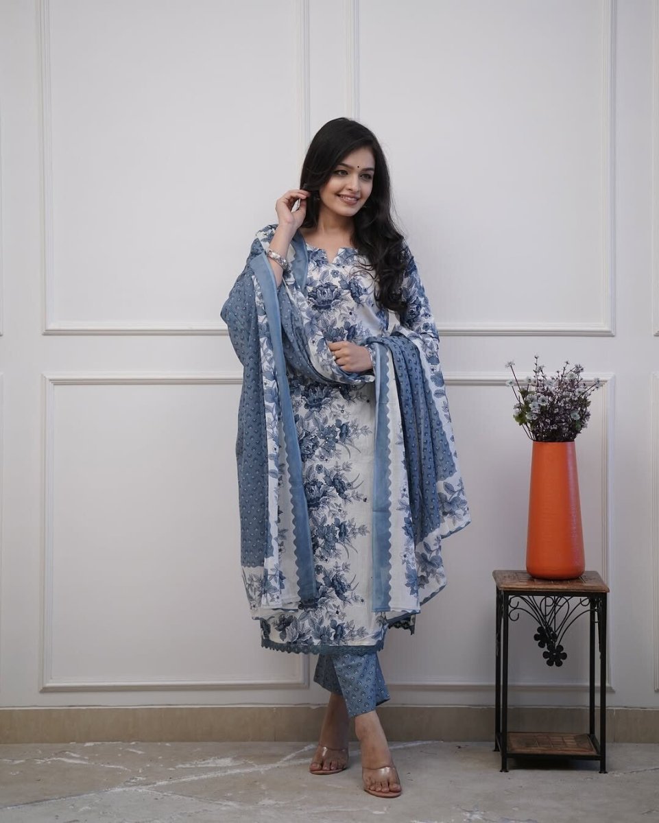 Designer Floral Printed kurta Set 3 PC long suit salwar kameez Fabric Cotton - 001FASHIONFORWARD