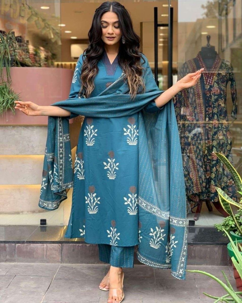 Designer Floral Printed kurta Set 3 PC long suit salwar Kameez Fabric Cotton 60 - 001FASHIONFORWARD
