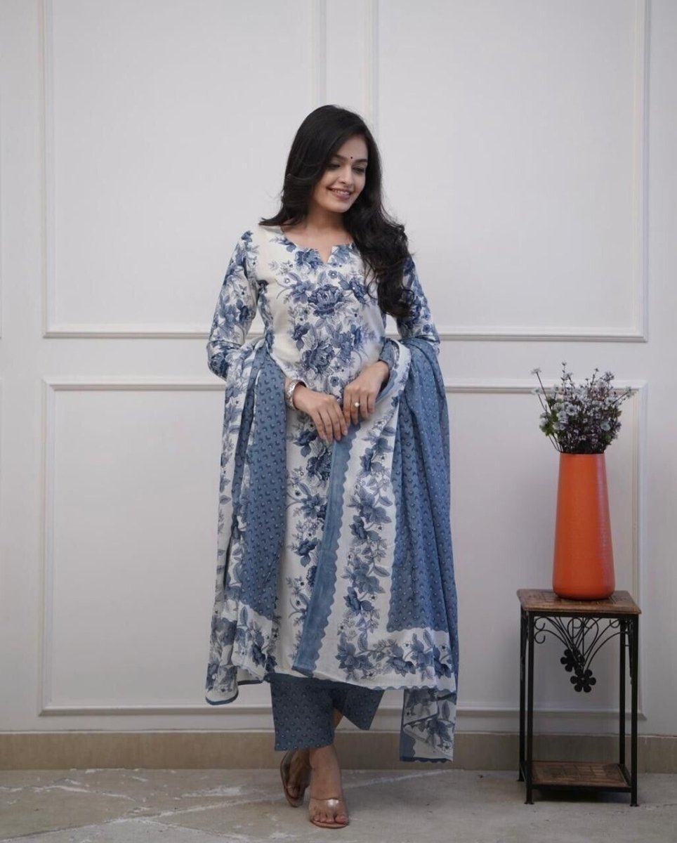 Designer Floral Printed kurta Set 3 PC long suit salwar kameez Fabric Cotton - 001FASHIONFORWARD
