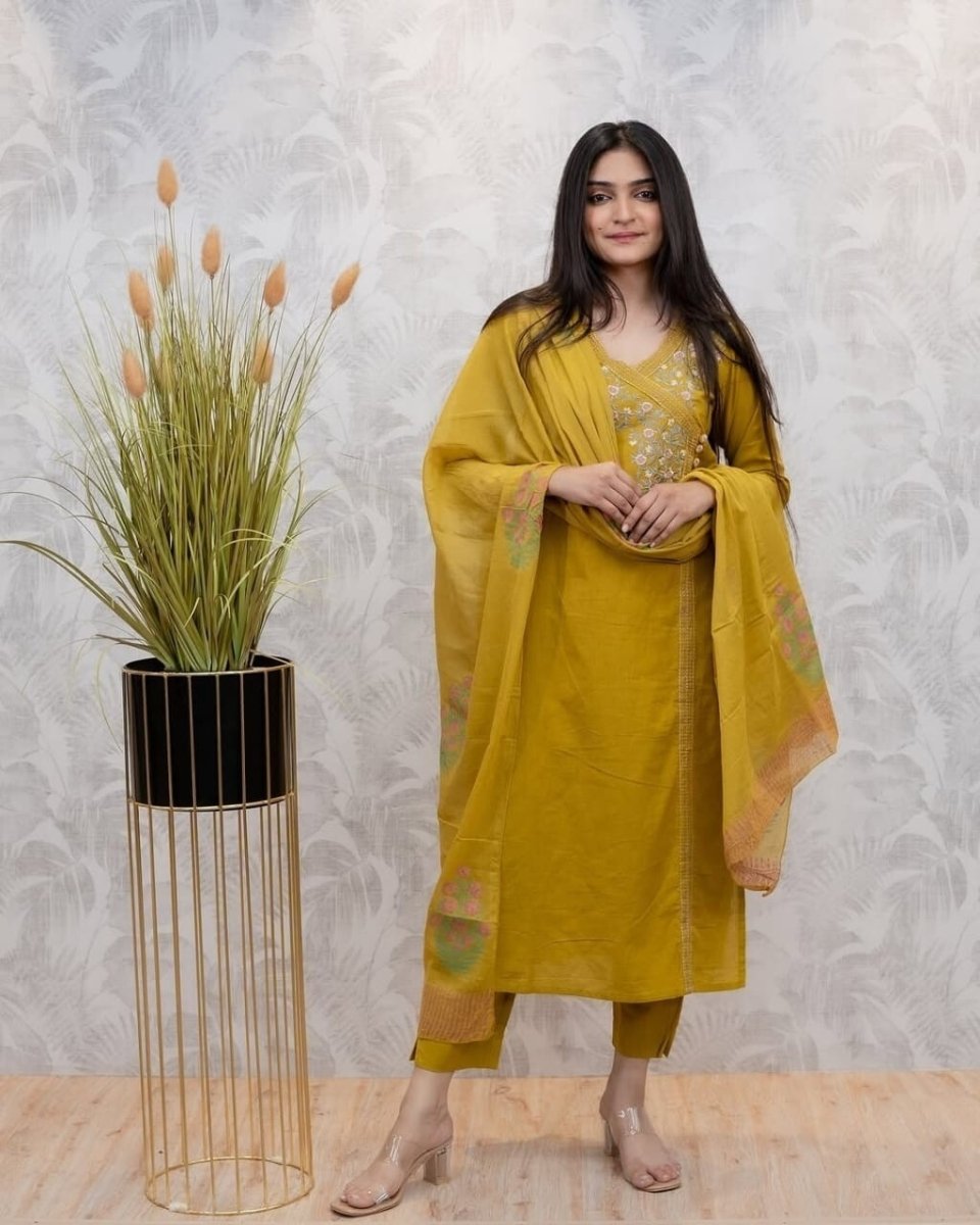 Designer Yellow Pakistani Salwar Kameez – Ready - to - Wear Cotton Suit for Indian - 001FASHIONFORWARD