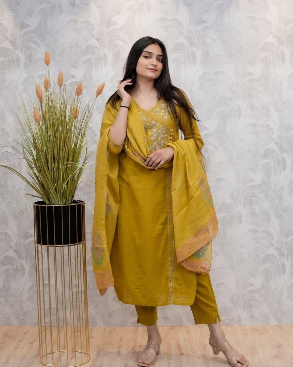 Designer Yellow Pakistani Salwar Kameez – Ready - to - Wear Cotton Suit for Indian - 001FASHIONFORWARD